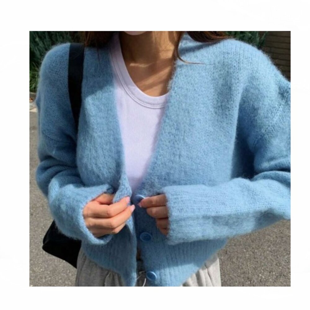 New Blue Mohair Wool Loose Cardigan Medium